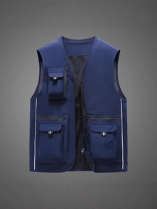 Gilet funzionale blu scuro multitasche con schienale in rete traspirante e scollo a V