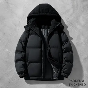 High-quality men's black hooded winter coat with quilted panels and corduroy trim details