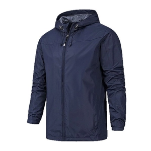 Men's navy blue hooded outdoor windbreaker jacket with windproof fabric and full zipper