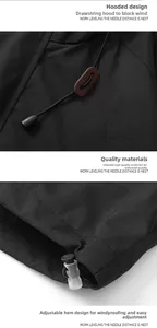 Detail of outdoor jacket showing adjustable hood cords and toggle hem drawstring
