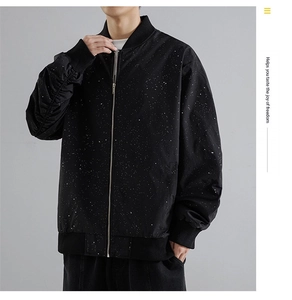 Detail of black bomber jacket with white star pattern and ribbed collar for men