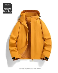 Detail of the orange waterproof outdoor jacket showing breathable mesh lining and hood