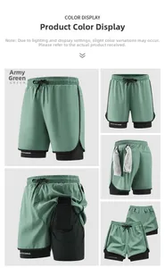 Detail of 2-in-1 army green sports shorts featuring inner phone pocket and towel loop