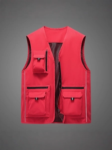 Gilet da pesca rosso da uomo con fodera in rete, multitasche e strisce riflettenti