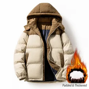 Winter hooded puffer jacket for men and women with corduroy trim and thick insulation