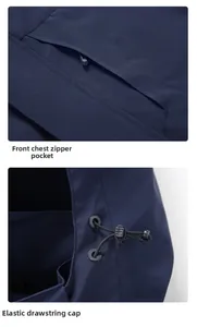 Detail of windbreaker features including zipper chest pocket and adjustable hood drawcord