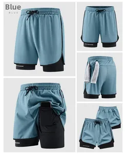 Detail of blue double-layer sports shorts with internal phone pocket and towel loop