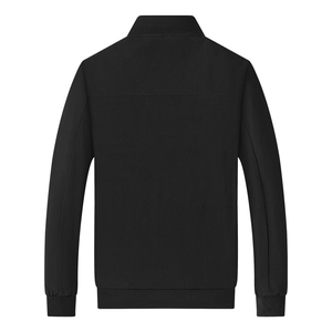 Classic black men's stand collar bomber jacket featuring ribbed cuffs and hem, back view