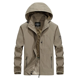 Men's khaki waterproof windbreaker jacket with hood and embroidered sleeve badge