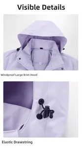 Detail of light purple windproof jacket featuring adjustable hood with elastic drawstring