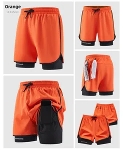 Detail of 2-in-1 orange sports shorts with phone pocket and towel loop design