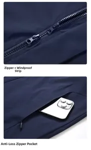Detail of windproof zipper with flap and secure zip pocket on blue outdoor jacket
