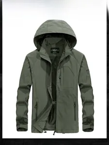 Detailed front view of green outdoor hooded jacket with multiple zipper pockets
