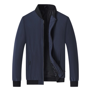 Classic dark blue men's stand collar bomber jacket with ribbed cuffs and hem