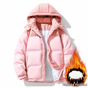 Pink hooded padded winter jacket with quilted panels and thick thermal insulation