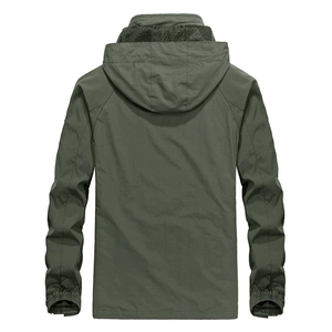 Army green waterproof hooded windbreaker jacket for men with mesh lining back view