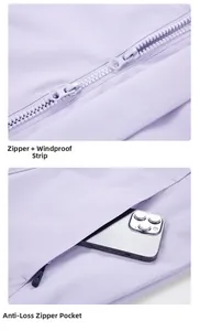 Detail of lavender outdoor jacket featuring windproof zipper and deep side pocket for phone