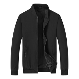 Classic black stand collar jacket for men with ribbed cuffs and full zipper closure