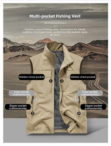 Detail of khaki outdoor vest showing windproof stand collar and multi-pocket functional design