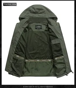 Detailed view of army green outdoor jacket featuring breathable mesh lining and hood