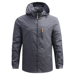 Men's lightweight grey outdoor hooded windbreaker jacket with embroidered logo and zip pockets