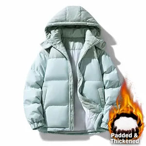 Mint green hooded padded jacket with corduroy patchwork and thickened warm insulation