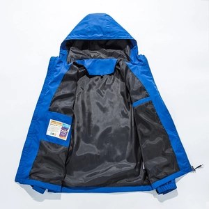Men's royal blue hooded outdoor mountain series jacket with internal pocket detail