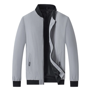 Men's light grey casual bomber jacket with black ribbed collar and zip pockets for spring