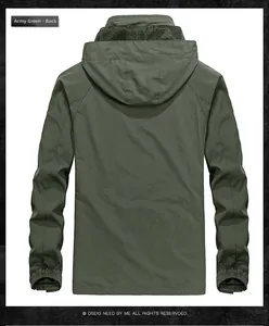 Back view of army green hooded outdoor jacket featuring mesh lining and elastic cuffs