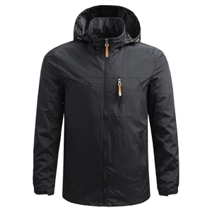Men's black lightweight hooded outdoor windbreaker jacket with adjustable cuffs and pockets