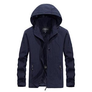 Men's navy blue hooded windbreaker jacket with waterproof fabric and zip pockets