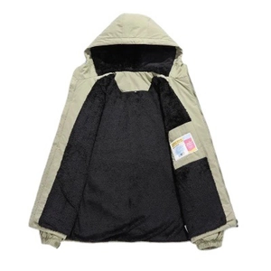 Men's khaki hooded outdoor jacket with warm black fleece lining and elasticated cuffs