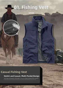 Detail of dark blue multi-pocket fishing vest with breathable grey mesh lining