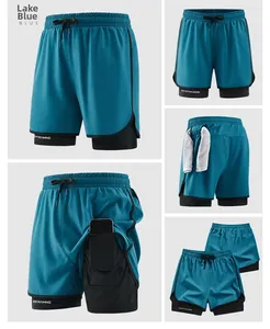 Detail view of lake blue two-in-one running shorts with towel loop and phone pocket