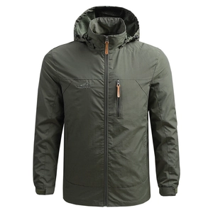 Army green men's hooded outdoor jacket with windbreaker fabric and high neck design