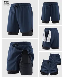 Detail view of navy blue 2-in-1 shorts with hidden phone pocket and towel loop