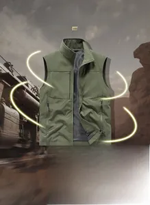 Detail of military green vest showing stand collar, zipper pocket and mesh lining