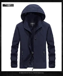Front view of a dark blue men's hooded outdoor jacket with windproof collar and pockets