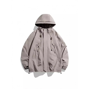 Men's grey hooded outdoor windbreaker with large pockets and adjustable cuffs