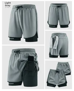 Men's 2-in-1 light grey running shorts with inner phone pocket and back towel loop