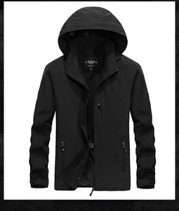 Front view of black hooded outdoor jacket with windproof zippers and adjustable cuffs