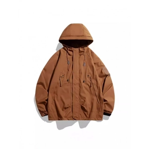 Brown hooded outdoor jacket for men with adjustable drawstring and tactical arm velcro