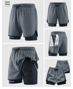 Detail view of dark gray double-layer athletic shorts with phone pocket and towel loop