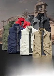 Mens casual vest jackets in 7 colors featuring stand collar and breathable multi-pocket design