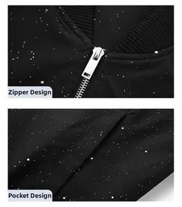 Detail of starry pattern black jacket with silver metal zipper and ribbed collar design