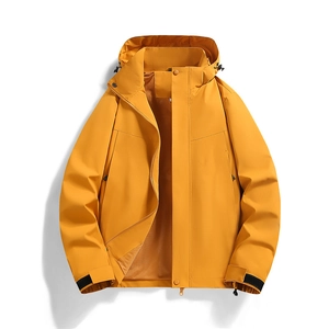 Men's yellow hooded outdoor windbreaker with breathable mesh lining and waterproof shell