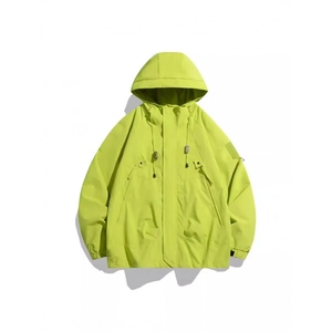 Men's lime green hooded outdoor windbreaker jacket with functional pockets and velcro cuffs