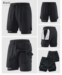 Detail view of black 2-in-1 sports shorts showing phone pocket and towel loop