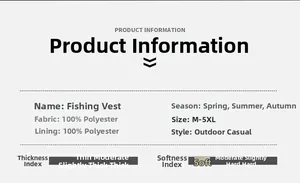 Size chart for outdoor casual fishing vest with 100% polyester fabric specifications