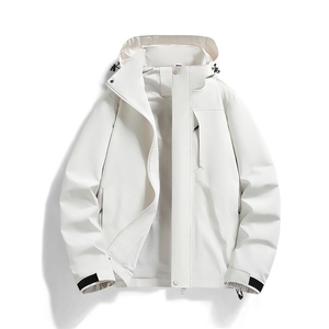 White waterproof outdoor windbreaker jacket with adjustable hood and mesh lining